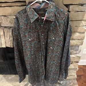 Roper Turquoise and Brown Paisley Shirt